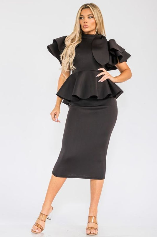 2863 Women Regular Size Bow Neck Ruffled Hem Top and Skirt Set