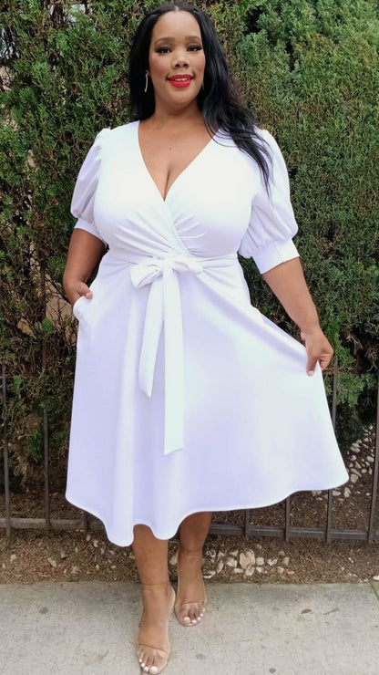 2829 Plus Size Women Wrap Midi Dresses with Pockets and belt