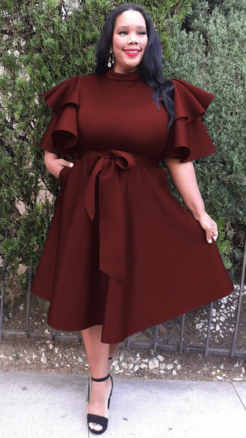 2862 Plus Size Extravagant Fit and Flare Midi Dress With Belt