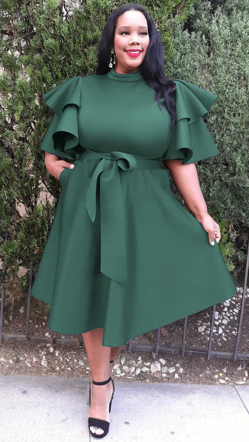 2862 Plus Size Extravagant Fit and Flare Midi Dress With Belt