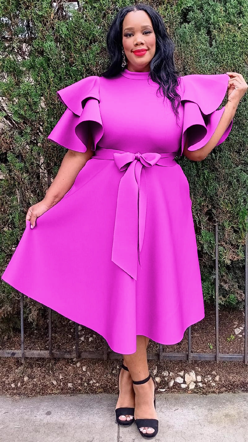 2862 Plus Size Extravagant Fit and Flare Midi Dress With Belt
