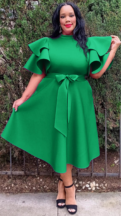 2862 Plus Size Extravagant Fit and Flare Midi Dress With Belt