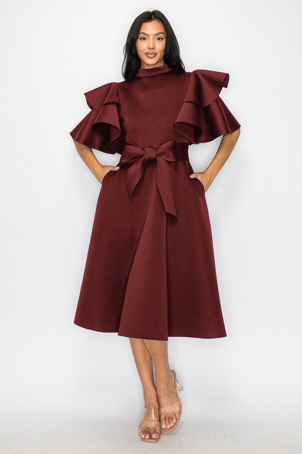 2898 Women Double layer Ruffled Sleeves Flare Midi Dress with Pockets and Belt