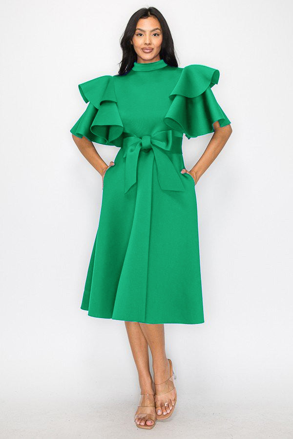 2898 Women Double layer Ruffled Sleeves Flare Midi Dress with Pockets and Belt