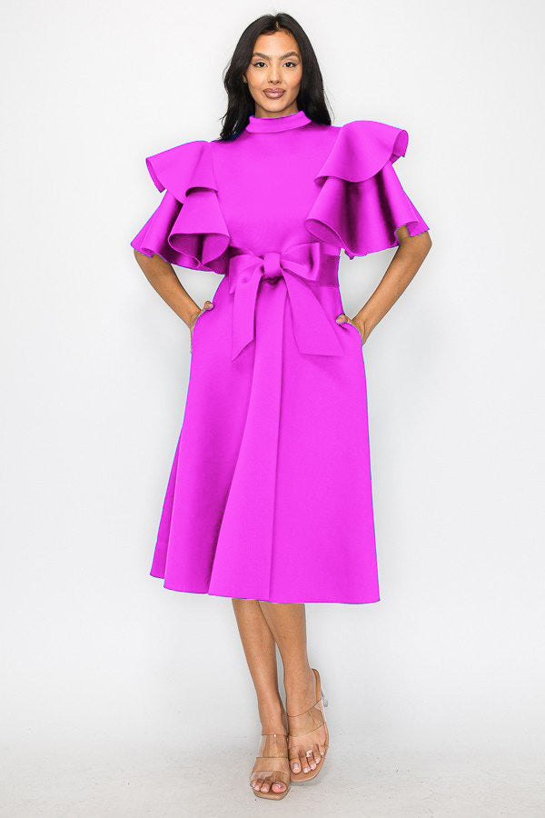 2898 Women Double layer Ruffled Sleeves Flare Midi Dress with Pockets and Belt