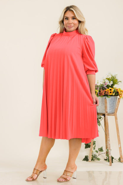 2926SO Plus Size Bishop Sleeves Pleated Knee Dress with Bow Tie Back (Copy) (Copy)