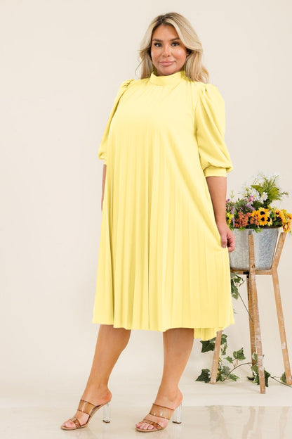 2926SO Plus Size Bishop Sleeves Pleated Knee Dress with Bow Tie Back (Copy) (Copy)