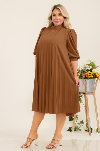 Plus Size Bishop Sleeves Pleated Knee Dress with Bow Tie Back