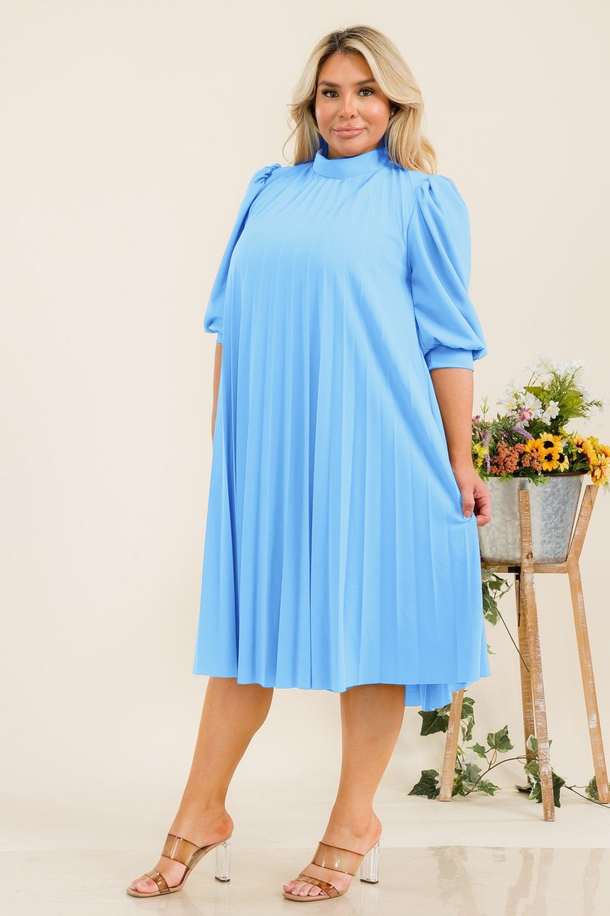 2926SO Plus Size Bishop Sleeves Pleated Knee Dress with Bow Tie Back (Copy) (Copy)