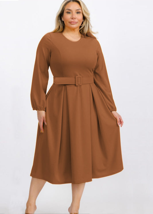 2930SO Plus Size Bishop Sleeves Sleeves Midi Dress with Belt