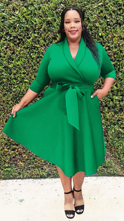 2937 Plus Size 3/4 Sleeves  Flowy Warp Midi Flare  Pockets and belt