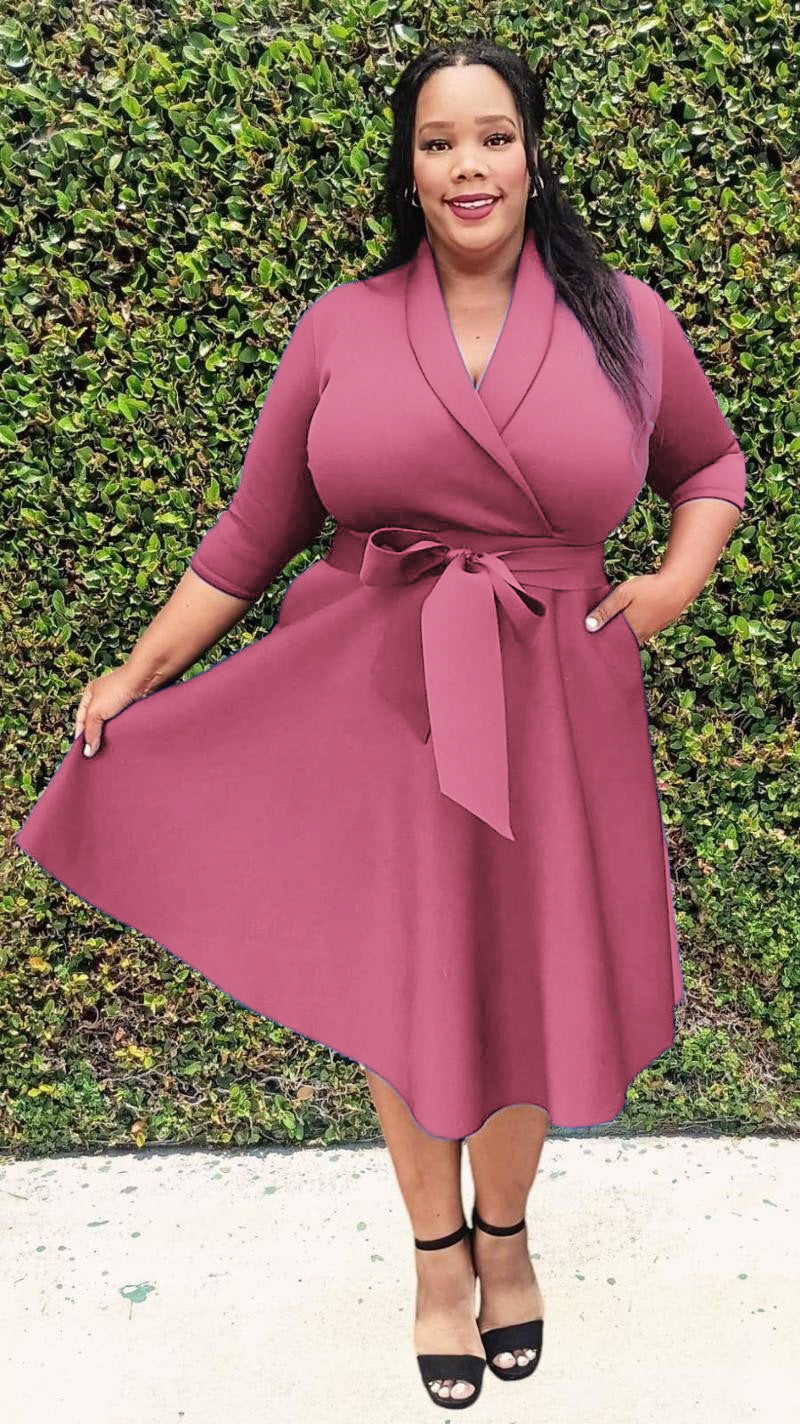 2937 Plus Size 3/4 Sleeves  Flowy Warp Midi Flare  Pockets and belt