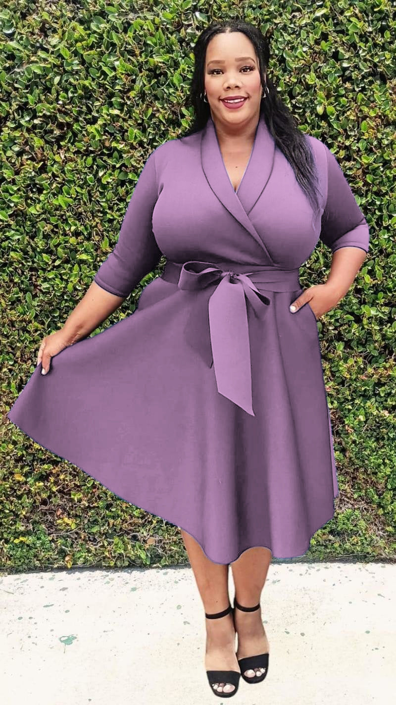 2937 Plus Size 3/4 Sleeves  Flowy Warp Midi Flare  Pockets and belt