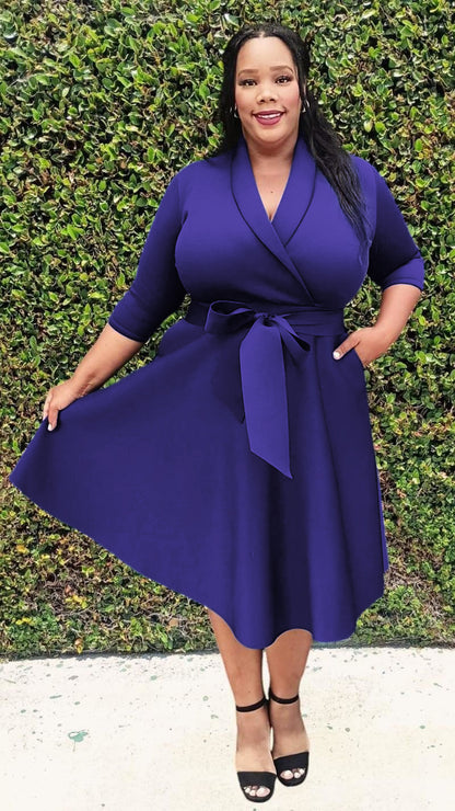2937 Plus Size 3/4 Sleeves  Flowy Warp Midi Flare  Pockets and belt