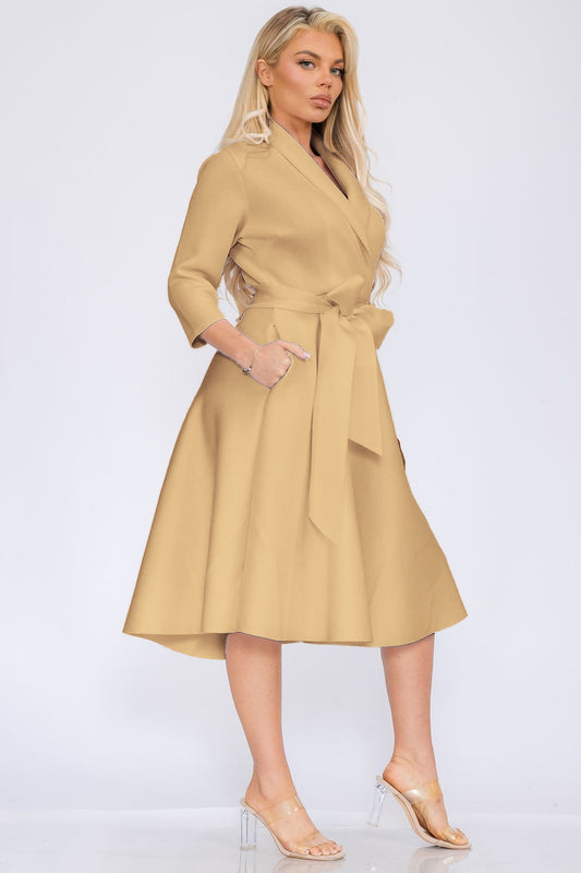 2938 Women Elegant Front Wrap Dress with Tie Waist and Pockets