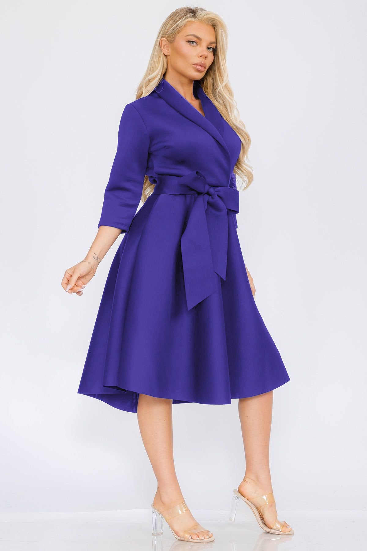 2938 Women Elegant Front Wrap Dress with Tie Waist and Pockets
