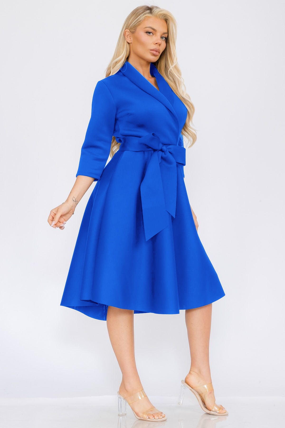 2938 Women Elegant Front Wrap Dress with Tie Waist and Pockets