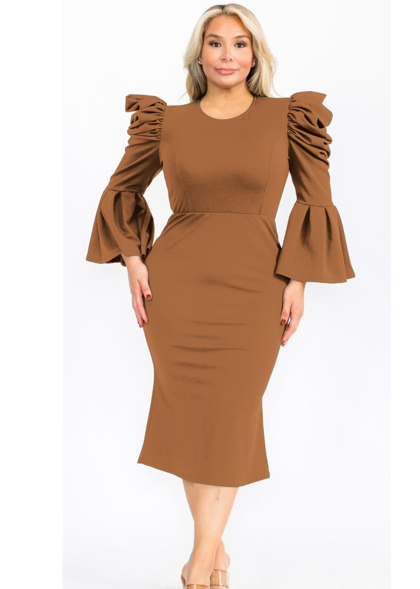 2948 Plus Size Puffy Long Bell Sleeves Fit and Relax Midi Dress