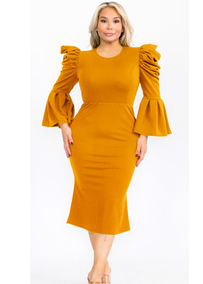 2948 Plus Size Puffy Long Bell Sleeves Fit and Relax Midi Dress