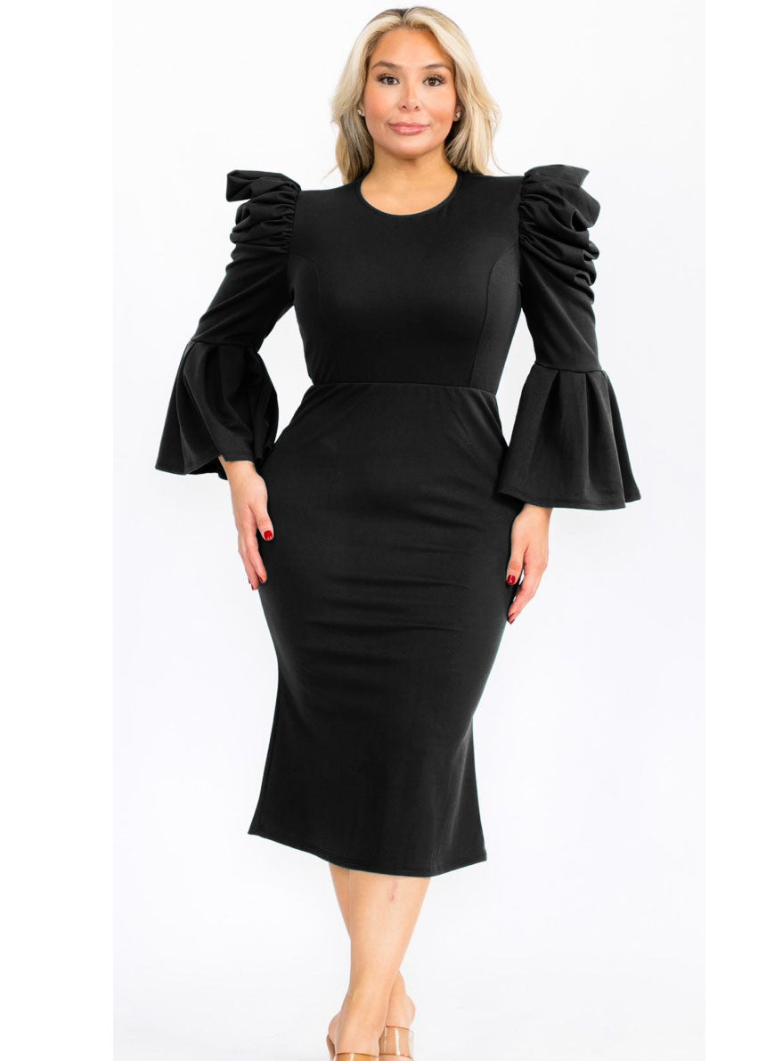 2948 Plus Size Puffy Long Bell Sleeves Fit and Relax Midi Dress