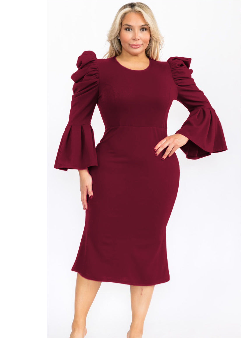 2948 Plus Size Puffy Long Bell Sleeves Fit and Relax Midi Dress