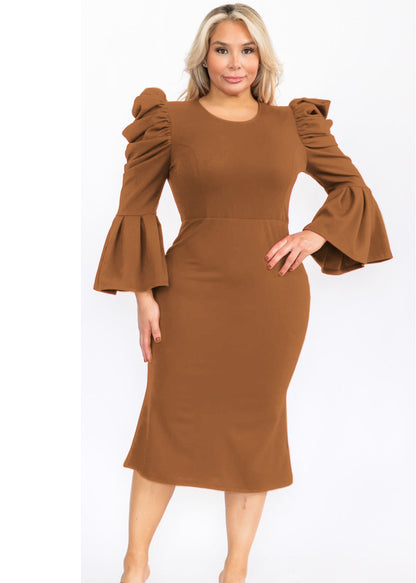 2948 Plus Size Puffy Long Bell Sleeves Fit and Relax Midi Dress