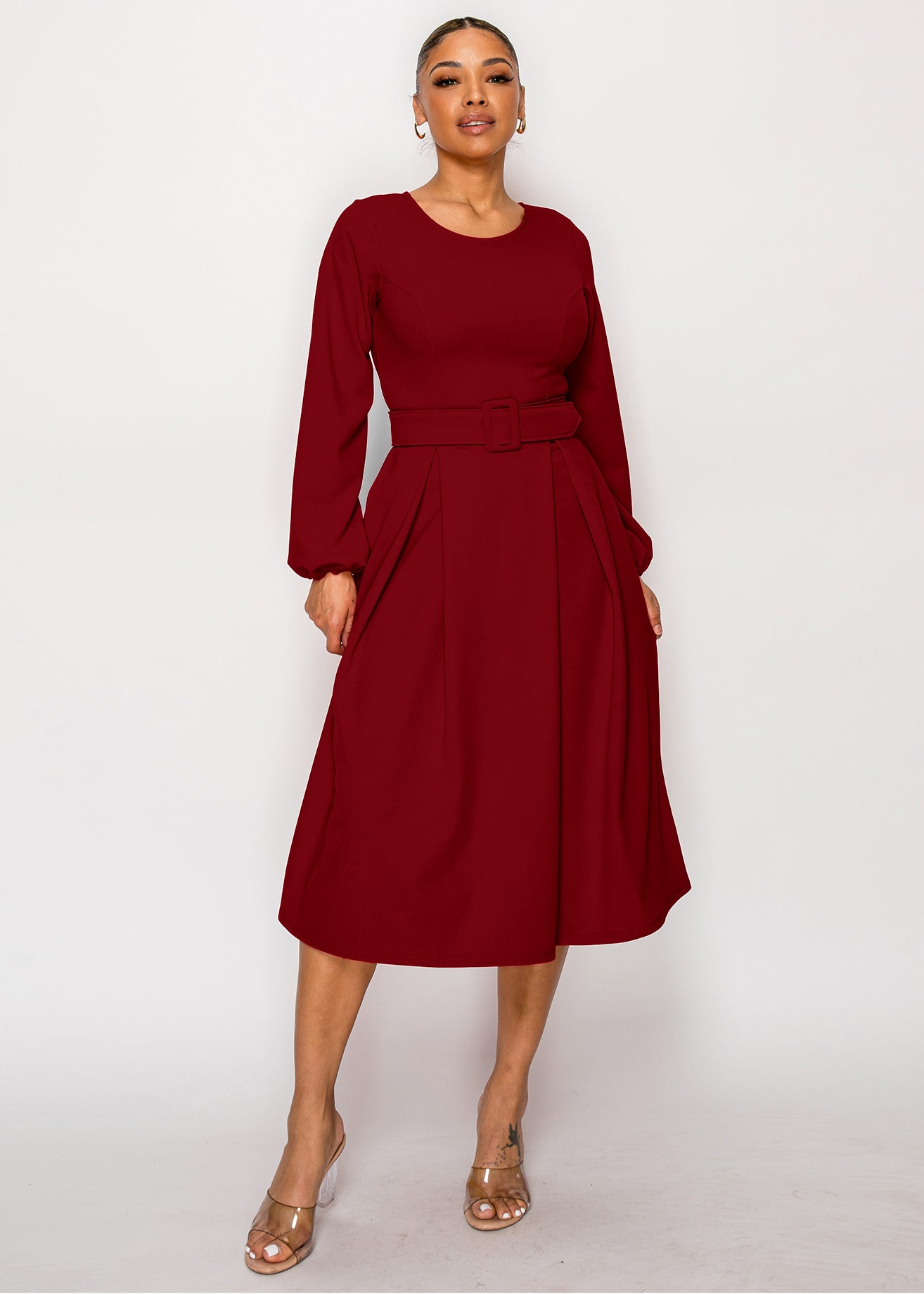 2955  Women Bishop Sleeves Round Flare Midi Dress with Belted regular size