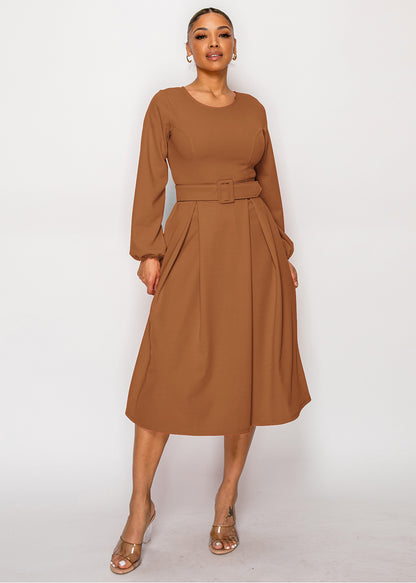 2955  Women Bishop Sleeves Round Flare Midi Dress with Belted regular size