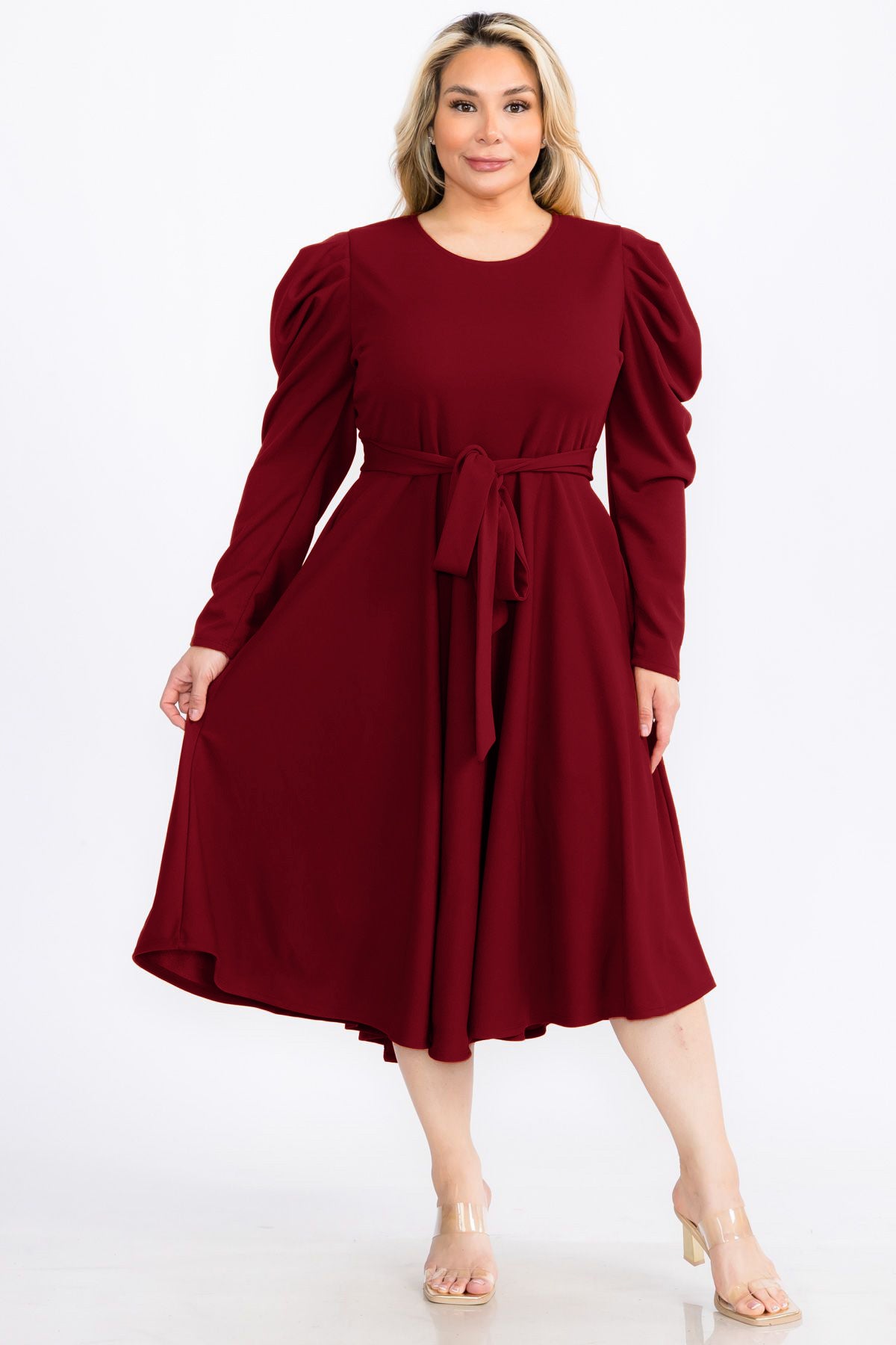 2959SO Smocked Cuff Raglan Sleeves Flare Midi Plated Dresses with Drawstring Waist