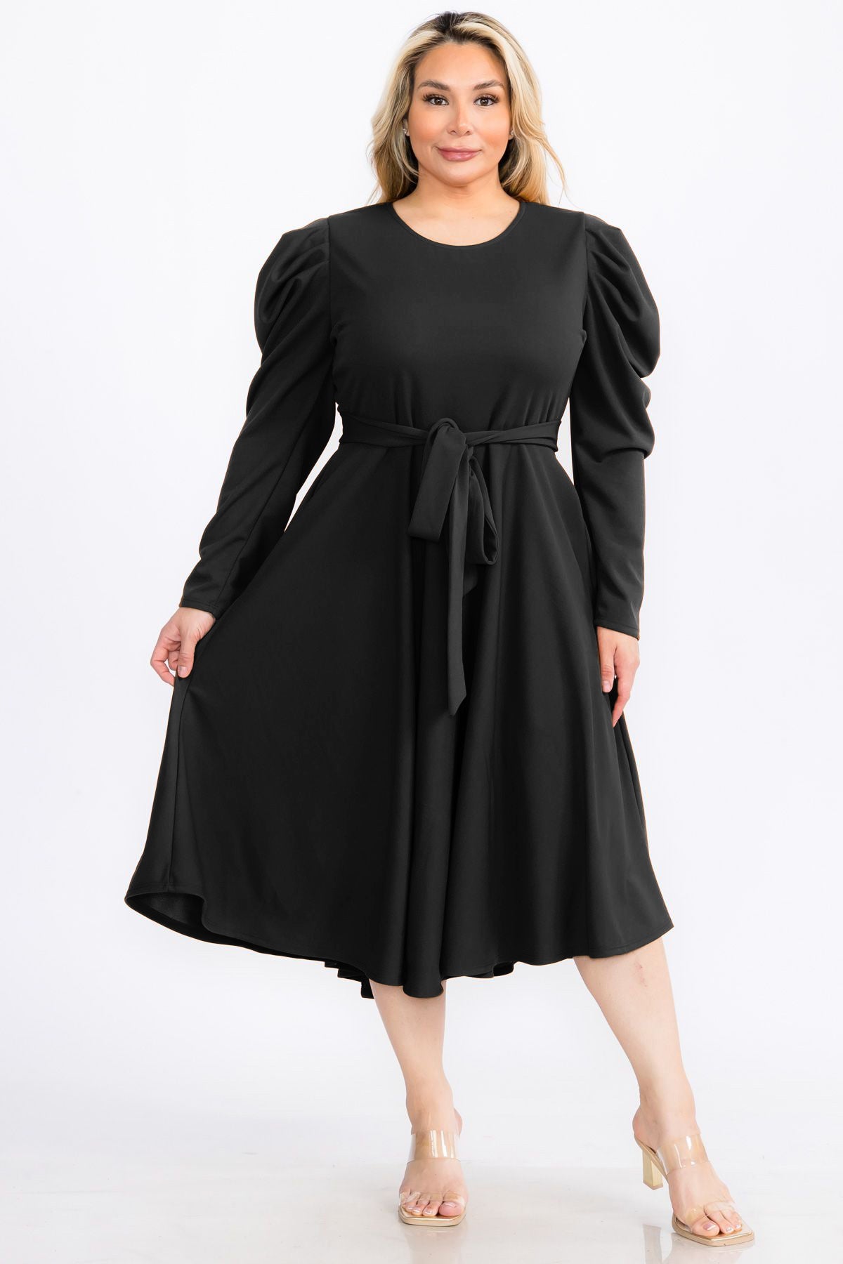 2959SO Smocked Cuff Raglan Sleeves Flare Midi Plated Dresses with Drawstring Waist