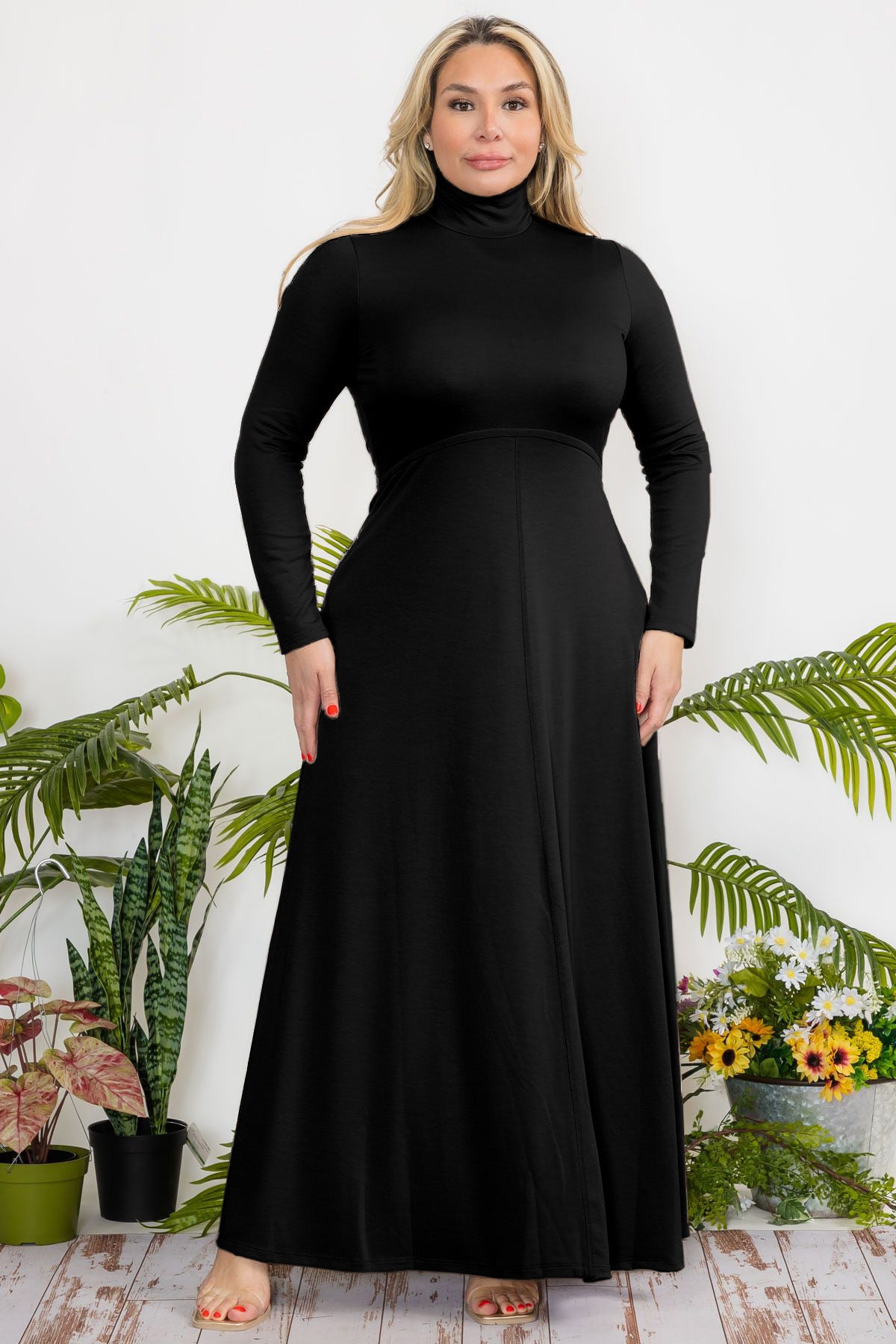 2960 Plus Size Monk Neck Flare Maxi Dress with Zipper Back and French Terry Fabric