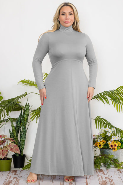 2960 Plus Size Monk Neck Flare Maxi Dress with Zipper Back and French Terry Fabric