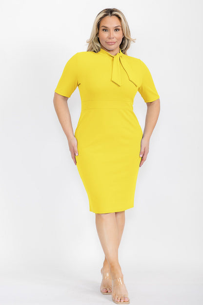 2971 Plus Size Short Sleeves Peplum Knee  Tie Neck Dress