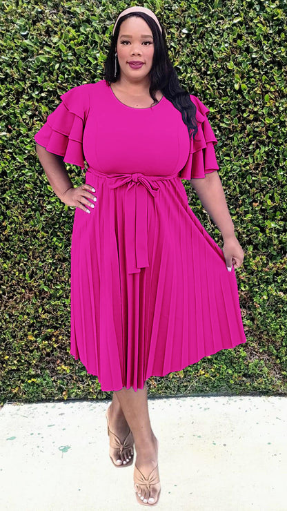 2977 Plus Size double Ruffled Sleeves Pleated Flare Midi Dresses