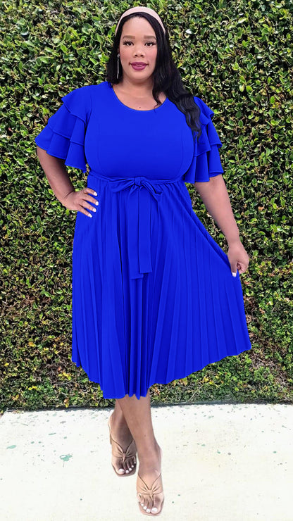 2977 Plus Size double Ruffled Sleeves Pleated Flare Midi Dresses