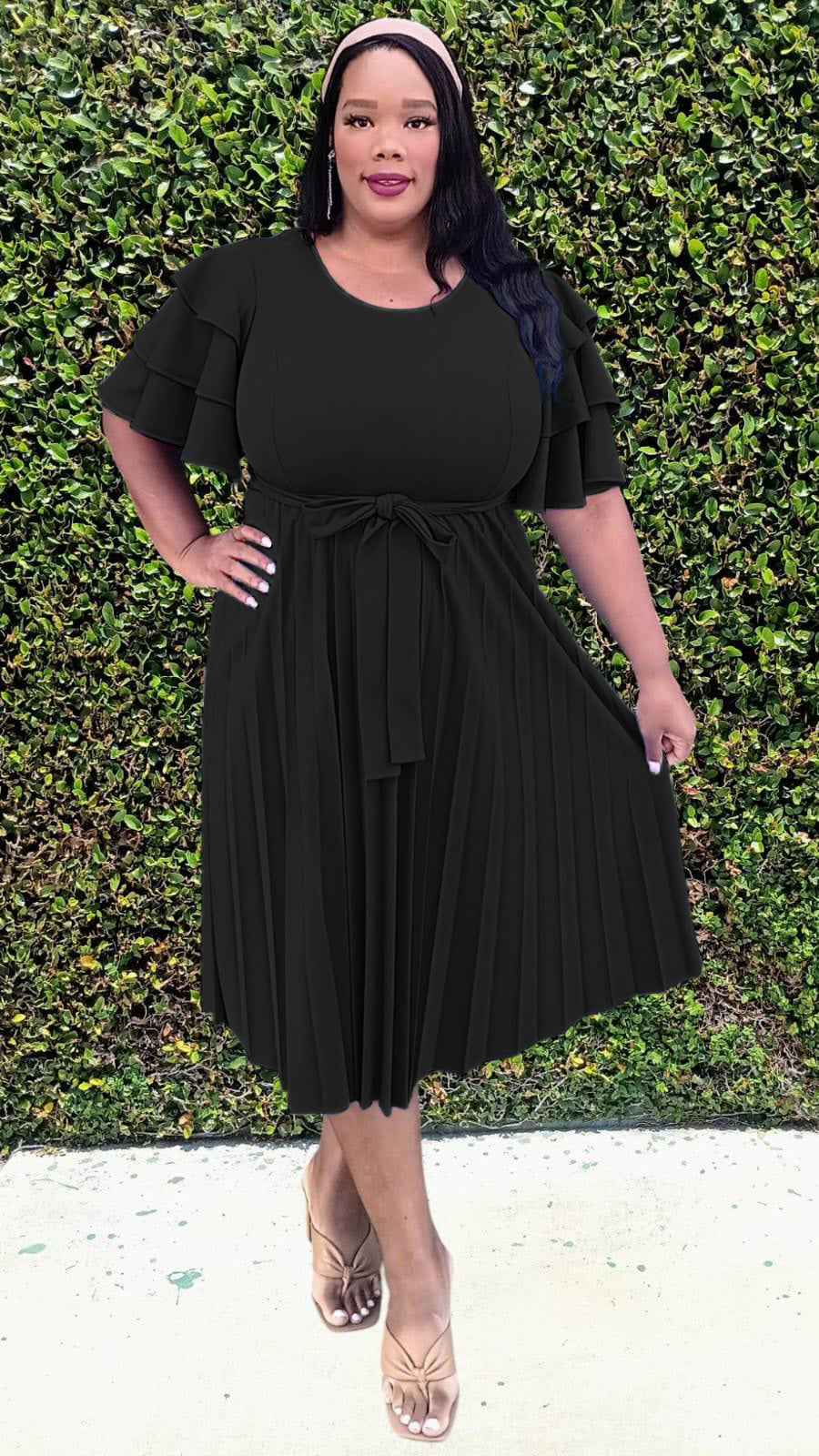 2977 Plus Size double Ruffled Sleeves Pleated Flare Midi Dresses