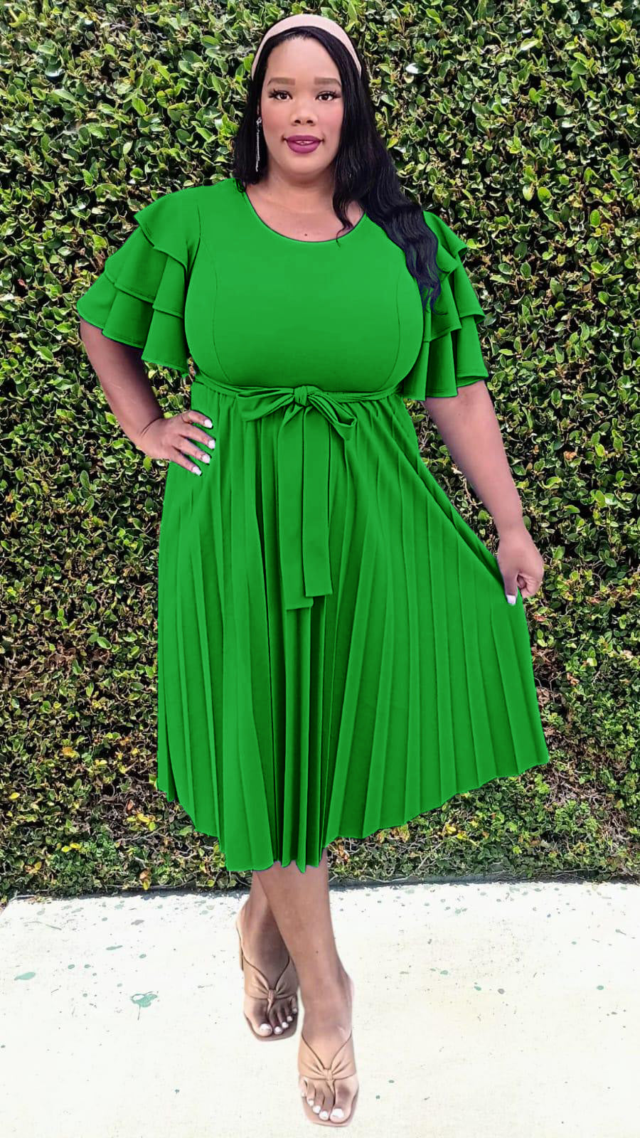 2977 Plus Size double Ruffled Sleeves Pleated Flare Midi Dresses