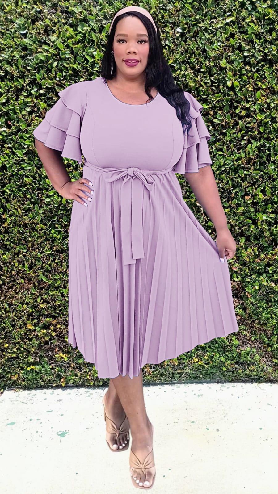 2977 Plus Size double Ruffled Sleeves Pleated Flare Midi Dresses