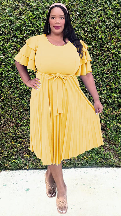 2977 Plus Size double Ruffled Sleeves Pleated Flare Midi Dresses