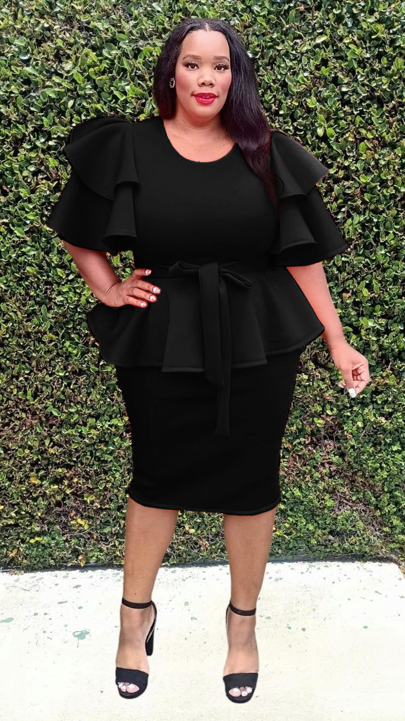 3001-SET Plus Size Ruffle sleeves Ruff Hem Skirts Set With Belt