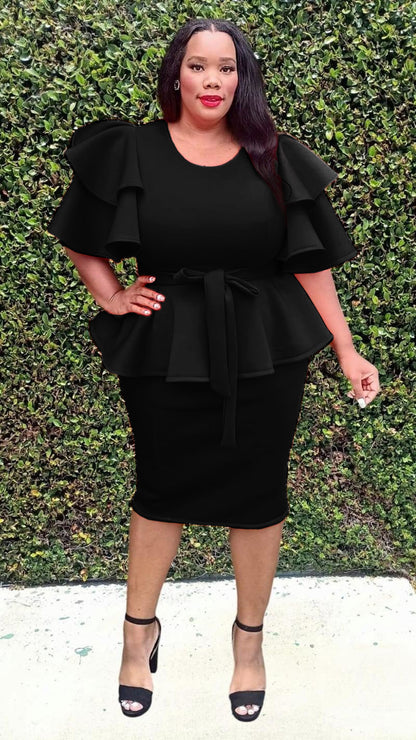 3001-SET Plus Size Ruffle sleeves Ruff Hem Skirts Set With Belt