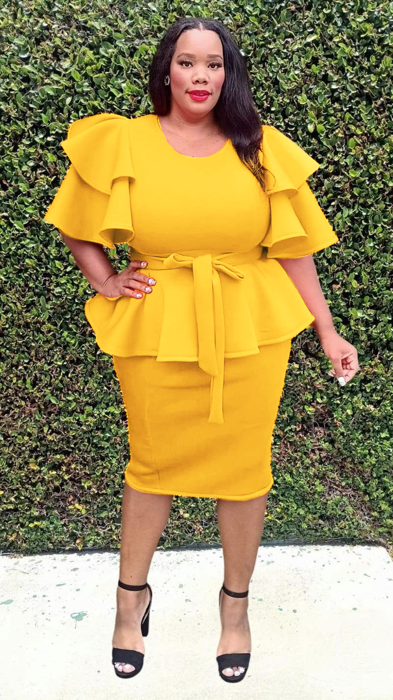 3001-SET Plus Size Ruffle sleeves Ruff Hem Skirts Set With Belt