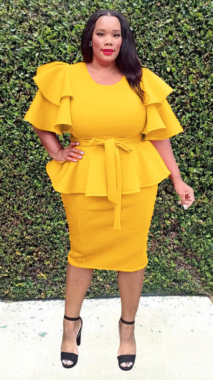 3001-SET Plus Size Ruffle sleeves Ruff Hem Skirts Set With Belt