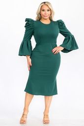 2948 Plus Size Puffy Long Bell Sleeves Fit and Relax Midi Dress