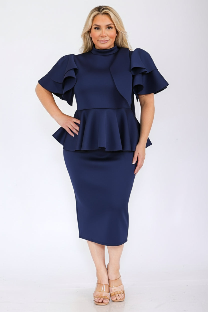 2828 Plus Size Women Bow Shoulder Ruffle Hem Top and Skirt Set