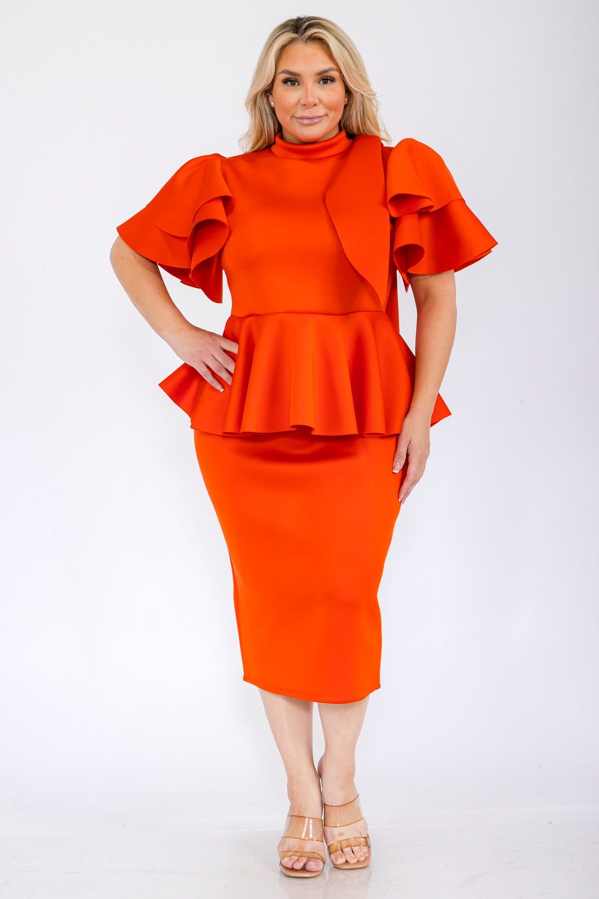 2828 Plus Size Women Bow Shoulder Ruffle Hem Top and Skirt Set