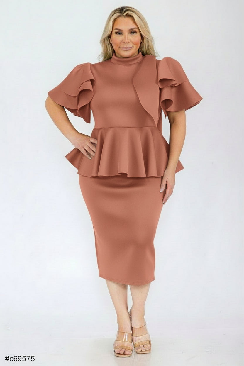 2828 Plus Size Women Bow Shoulder Ruffle Hem Top and Skirt Set