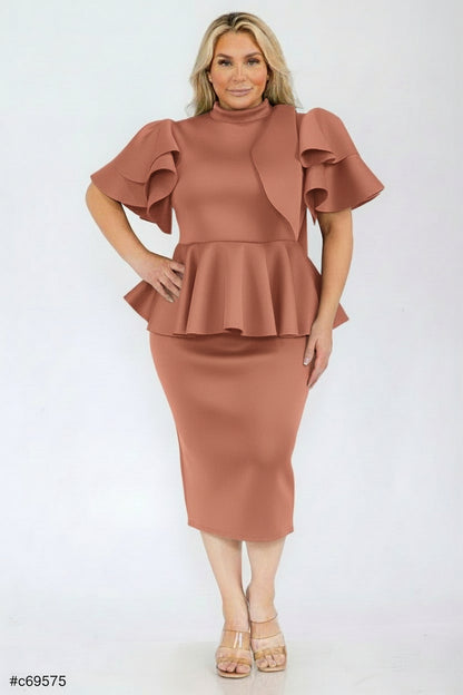 2828 Plus Size Women Bow Shoulder Ruffle Hem Top and Skirt Set