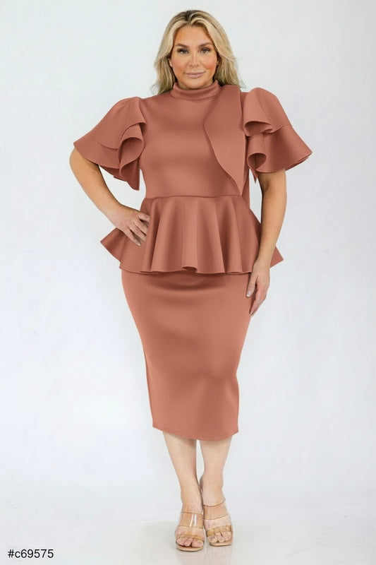 2828 Plus Size Women Bow Shoulder Ruffle Hem Top and Skirt Set