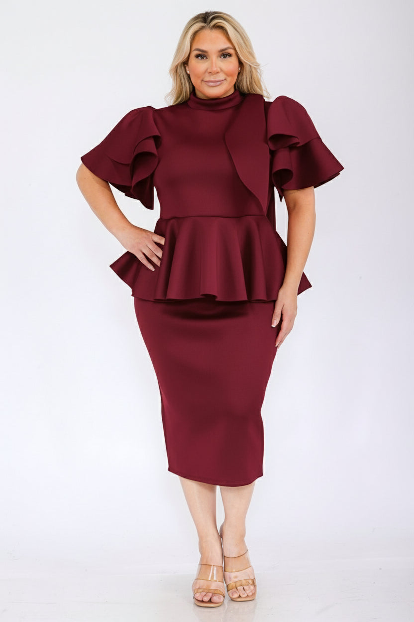 2828 Plus Size Women Bow Shoulder Ruffle Hem Top and Skirt Set